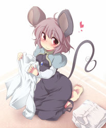 Rule 34 | 1girl, ahoge, aki (akikaze asparagus), animal ears, barefoot, blush, breasts, capelet, carpet, dress, feet, female focus, folding clothes, full body, grey hair, heart, jewelry, kneeling, laundry, mouse ears, mouse tail, nazrin, pendant, red eyes, seiza, shirt, simple background, sitting, small breasts, smile, solo, tail, touhou, white shirt