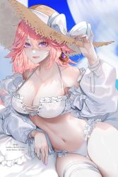 Rule 34 | 1girl, animal ears, arm rest, bikini, blue sky, bow, breasts, cleavage, crossed bangs, cushion, detached sleeves, earrings, fox ears, frilled bikini, frills, genshin impact, hair between eyes, hand on headwear, hat, hat bow, highres, jewelry, large breasts, leaning to the side, looking at viewer, navel, pink hair, puffy sleeves, purple eyes, shei99, sitting, sky, solo, straw hat, sun hat, swimsuit, thigh strap, vision (genshin impact), white bikini, white bow, white sleeves, yae miko