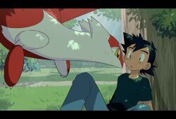 Rule 34 | 1boy, against tree, ash ketchum, black eyes, black hair, black shirt, commentary request, creatures (company), day, eye contact, game freak, gen 3 pokemon, grass, knhrpnkt, latias, legendary pokemon, looking at another, male focus, nintendo, open mouth, outdoors, pants, parted lips, pokemon, pokemon (anime), pokemon (classic anime), pokemon (creature), pokemon heroes: latios &amp; latias, shirt, short hair, short sleeves, sitting, t-shirt, tree