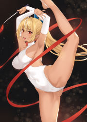 Rule 34 | 1girl, :d, armpits, arms up, athletic leotard, bare legs, blonde hair, blush, breasts, cameltoe, commentary, covered navel, dark-skinned female, dark skin, detached sleeves, gymnastics, gymnastics ribbon, hair between eyes, highres, holding, hololive, large breasts, leg up, leotard, long hair, long sleeves, looking at viewer, multicolored hair, open mouth, red eyes, red ribbon, rhythmic gymnastics, ribbon, shiranui flare, shirt, smile, solo, split, standing, standing on one leg, standing split, streaked hair, symbol-only commentary, terry (pixiv3274443), virtual youtuber, white leotard, white shirt