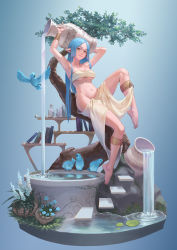 Rule 34 | 1girl, ancient greek clothes, aquarius (zodiac), armpits, arms up, bird, blue hair, book, bookshelf, breasts, brown eyes, closed mouth, cockatoo, flower, full body, greco-roman clothes, highres, jrajazon, long hair, looking at viewer, medium breasts, navel, original, parted bangs, pointy ears, revealing clothes, sarong, smile, solo, spilling, vase, zodiac