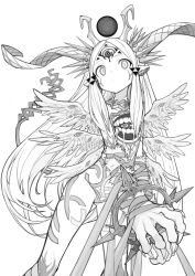 1girl absurdres angel angel_wings animal_ears animal_hands bound bound_arms claws commentary_request extra_eyes extra_mouth fallen_angel feathered_wings greyscale halo highres horns izayoi_cha long_hair looking_at_viewer monochrome monster_girl multiple_wings original seraph simple_background solo tail third_eye very_long_hair white_background wings