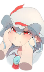 Rule 34 | 1girl, absurdres, annoyed, ascot, blue hair, blush, brooch, cheek squash, collared shirt, commentary request, disembodied hand, hands on another&#039;s cheeks, hands on another&#039;s face, hat, hat ribbon, highres, jewelry, mob cap, pointy ears, red ascot, red eyes, red ribbon, remilia scarlet, ribbon, shirt, slit pupils, sotatsudraw, touhou, white background