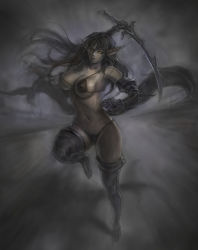 Rule 34 | 1girl, armor, armpits, battle, bikini, breasts, cleavage, covered erect nipples, curvy, elf, gauntlets, greaves, groin, large breasts, leg up, long hair, looking at viewer, micro bikini, navel, neongun, night elf (warcraft), pointy ears, running, sideboob, solo, swimsuit, sword, thighhighs, warcraft, weapon, wide hips, world of warcraft, yellow eyes