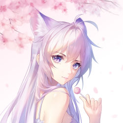 Rule 34 | 1girl, absurdres, animal ear fluff, animal ears, antenna hair, bare shoulders, candy, cherry blossoms, commentary request, food, fox ears, gradient background, hair between eyes, hair intakes, hand up, highres, holding, holding food, kirby d a, lollipop, long hair, looking at viewer, original, parted lips, pink background, purple eyes, silver hair, smile, solo, spaghetti strap, upper body, white background