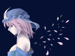Rule 34 | 1girl, bare shoulders, breasts, expressionless, female focus, hat, hirase yuu, large breasts, petals, pink hair, profile, red eyes, saigyouji yuyuko, short hair, simple background, solo, touhou