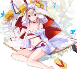Rule 34 | 1girl, atori, ayanami (azur lane), ayanami (demon&#039;s finest dress) (azur lane), azur lane, barefoot, blonde hair, breasts, bug, butterfly, choker, cleavage, collarbone, floating hair, groin, hair between eyes, highres, insect, japanese clothes, kimono, long hair, long sleeves, looking at viewer, medium breasts, midriff, navel, print kimono, red eyes, sidelocks, sitting, solo, stomach, very long hair, white kimono