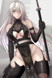 Rule 34 | 1girl, alternate costume, android, arm support, black gloves, black thighhighs, breasts, covered erect nipples, elbow gloves, gloves, hair over one eye, holding, holding sword, holding weapon, joints, lainart, long hair, mole, mole under mouth, nier (series), nier:automata, pelvic curtain, robot joints, sideboob, solo, sword, thighhighs, weapon, white hair, a2 (nier:automata)