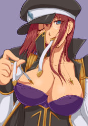 Rule 34 | 00s, 1girl, areola slip, blue eyes, breasts, broccoli (company), cleavage, coat, forte stollen, galaxy angel, hat, large breasts, monocle, mouth hold, one eye closed, purple background, red hair, short hair, solo