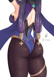 Rule 34 | 1girl, absurdres, artist name, ass, black pantyhose, breasts, cape, detached sleeves, elbow gloves, from behind, genshin impact, gloves, gouka, hair ornament, head out of frame, highres, leotard, long hair, mona (genshin impact), pantyhose, purple hair, shiny clothes, shiny skin, sideboob, simple background, skindentation, solo, thighlet, thighs, twintails, very long hair, white background