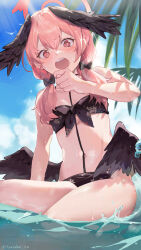 Rule 34 | 1girl, artist name, bikini, black bikini, black bow, black wings, blue archive, bow, breasts, double-parted bangs, feathered wings, female focus, floral print, front-tie bikini top, front-tie top, hair between eyes, hair bow, hair over shoulder, halo, head wings, highres, koharu (blue archive), koharu (swimsuit) (blue archive), long hair, looking at viewer, low twintails, low wings, navel, official alternate costume, open mouth, outdoors, palm tree, pink eyes, pink hair, pink halo, print bikini, sitting, small breasts, solo, swimsuit, teeth, tree, tsuiru, twintails, twitter username, upper teeth only, water, wet, wings