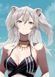 Rule 34 | 1girl, ahoge, animal ears, bikini, black bikini, blue sky, blush, breasts, cleavage, closed mouth, cloud, commentary, day, ear piercing, gold necklace, grey eyes, grey hair, hair between eyes, highres, hololive, jewelry, large breasts, lion ears, lion girl, lion tail, long hair, looking at viewer, makimaki makky7, messy hair, multiple piercings, necklace, piercing, shishiro botan, sidelocks, sky, smug, solo, strap gap, swimsuit, tail, upper body, virtual youtuber