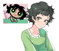 Rule 34 | 1girl, animification, black hair, blush, breasts, buttercup (ppg), buttercup redraw challenge (meme), collarbone, derivative work, green eyes, green shirt, hair behind ear, hanny (uirusu chan), highres, leaning forward, looking at viewer, medium breasts, meme, powerpuff girls, reference inset, screenshot inset, screenshot redraw, shirt, short hair, smile, solo focus, waking up, white background