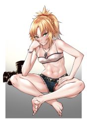 Rule 34 | 1girl, absurdres, bare shoulders, barefoot, blonde hair, blush, boots, unworn boots, braid, breasts, cleavage, f.w.zholic, fate/apocrypha, fate (series), feet, green eyes, highres, jewelry, long hair, looking at viewer, midriff, mordred (fate), mordred (fate/apocrypha), mordred (memories at trifas) (fate), necklace, panties, ponytail, red panties, sitting, solo, toes, underwear