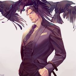 Rule 34 | 1boy, bara, bird, coat, collared shirt, commentary request, crow, facial hair, formal, highres, lapels, long sleeves, male focus, mature male, muscular, muscular male, necktie, original, shirt, solo, ueno kishi