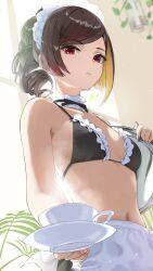 Rule 34 | 1girl, apron, bikini, bikini top only, black bikini, black ribbon, breasts, brown hair, chiori (genshin impact), closed mouth, collar, commentary request, cup, drill hair, drill ponytail, ev (dai00888), frilled collar, frills, genshin impact, highres, holding, holding plate, holding tray, indoors, long hair, looking at viewer, maid, maid apron, maid bikini, maid headdress, navel, neck ribbon, plate, red eyes, ribbon, small breasts, solo, swimsuit, tray, unconventional maid, waist apron