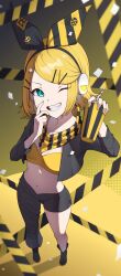 Rule 34 | 1girl, absurdres, black footwear, black jacket, black pants, blonde hair, bow, caution tape, commentary, cropped jacket, cup, disposable cup, drinking straw, foreshortening, from above, full body, grin, hair bow, hair ornament, hairclip, headphones, highres, holding, holding cup, jacket, kagamine rin, looking at viewer, nail polish, navel, one eye closed, pants, perspective, project sekai, shoes, short hair, smile, solo, standing, swept bangs, traffic jam (vocaloid), vocaloid, yamggu, yellow eyes, yellow nails