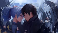 Rule 34 | 1boy, 1girl, black hair, closed mouth, darker than black, hair ribbon, hei (darker than black), highres, long hair, looking at another, ponytail, purple eyes, ribbon, silver hair, yin (darker than black)