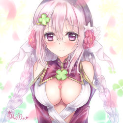 Rule 34 | 1girl, absurdres, anne happy, arms at sides, artist name, blush, braid, breasts, brooch, cleavage, clover hair ornament, flower, glasses, hair between eyes, hair flower, hair ornament, highres, jewelry, kumegawa botan, martinreaction, medium breasts, purple eyes, silver hair, simple background, smile, solo, twin braids, twintails, upper body, white background