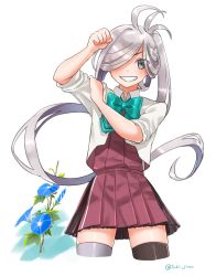 Rule 34 | 1girl, ahoge, asashimo (kancolle), asashimo kai ni (kancolle), asymmetrical legwear, black thighhighs, blazer, bow, bowtie, cowboy shot, cropped legs, flower, gradient hair, grey eyes, grey thighhighs, grin, hair over one eye, halterneck, highres, jacket, kantai collection, long hair, mismatched legwear, multicolored hair, ponytail, school uniform, sharp teeth, silver hair, simple background, sleeves rolled up, smile, solo, standing, teeth, thighhighs, tsukimura (d24f4z8j3t), twitter username, white background