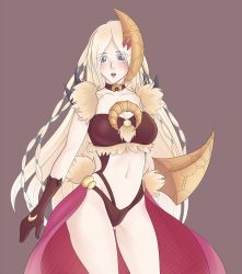 Rule 34 | 1girl, blonde hair, blue eyes, blush, breasts, cape, choker, cleavage, cosplay, crescent moon, divine grace - northwemko, duel monster, eyebrows, eyelashes, fur, gloves, highres, long hair, lunalight leo dancer, lunalight leo dancer (cosplay), midriff, moon, navel, open mouth, red cape, solo, standing, yu-gi-oh!, yu-gi-oh! duel monsters