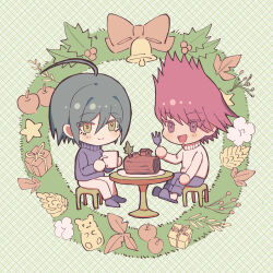 Rule 34 | 2boys, :d, absurdres, apple, blush, brown eyes, chair, christmas ornaments, cup, danganronpa (series), danganronpa v3: killing harmony, facial hair, food, fork, fruit, goatee, grey pants, grey sweater, highres, holding, holding cup, holding fork, long sleeves, male focus, momota kaito, multiple boys, open mouth, pants, pink hair, purple sweater, saihara shuichi, shoes, sitting, smile, spiked hair, star (symbol), sweater, table, visket53, wood