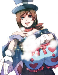 Rule 34 | 1girl, ace attorney, apollo justice: ace attorney, bare shoulders, bloomers, blue bloomers, blue eyes, blue hat, brown hair, cape, earrings, gloves, hat, jewelry, magician, open mouth, sakuyu, scarf, short hair, smile, solo, top hat, trucy wright, underwear, white gloves