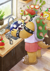 Rule 34 | &gt; &lt;, 1-up mushroom, 1boy, ? block, animal slippers, apple, armlet, artist name, bear slippers, black collar, bowser, bracelet, brown footwear, cabinet, chain, chain chomp, claws, closed eyes, cody soh, collar, commentary, counter, english commentary, faucet, fire flower, flower pot, food, fruit, highres, horns, indoors, jewelry, male focus, mario (series), musical note, nintendo, open mouth, pink shorts, plant, potted plant, red hair, sharp teeth, shelf, shirt, shorts, sink, sleeveless, sleeveless shirt, slippers, smile, solo, spiked armlet, spiked bracelet, spiked collar, spiked shell, spiked tail, spikes, standing, super mushroom, tail, teeth, turtle shell, v-shaped eyebrows, water, white shirt, window, windowsill, wooden floor