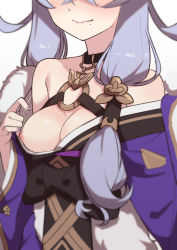 Rule 34 | 1girl, bare shoulders, black bow, blurry, blush, bow, breasts, choker, cleavage, closed mouth, depth of field, grey hair, head out of frame, highres, japanese clothes, kimono, kimono pull, lips, long hair, long sleeves, medium breasts, mole, mole under mouth, morisobo, nail polish, nijisanji, nipples, o-ring, off shoulder, one breast out, purple kimono, purple nails, rindou mikoto, simple background, solo, upper body, virtual youtuber, white background