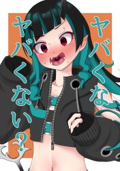 Rule 34 | 1girl, nanashi inc., asymmetrical gloves, belt, belt bra, black gloves, black hair, black jacket, blue belt, blue hair, blush, chest belt, clothing cutout, commentary request, cropped jacket, demon girl, demon horns, demon tail, fang, flat chest, gloves, highres, horns, jacket, long hair, long sleeves, looking at viewer, midriff, multicolored hair, navel, nose blush, open clothes, open jacket, open mouth, orange background, partially fingerless gloves, pointy ears, red eyes, shishio chris, shoulder cutout, sleeves past wrists, solo, sugar lyric, tail, tongue, translation request, two-tone background, two-tone hair, upper body, uvula, virtual youtuber, white background, yuyukirin, zipper