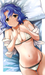 Rule 34 | 1girl, absurdres, antenna hair, bad id, bad pixiv id, bare shoulders, bed sheet, blue hair, border, bra, breasts, brown eyes, cleavage, cowboy shot, frilled bra, frills, from above, hair between eyes, hanamasa ono, hands on own chest, hands up, highres, idolmaster, idolmaster million live!, looking away, lying, medium breasts, medium hair, navel, off shoulder, on back, open clothes, open shirt, outside border, panties, parted lips, pillow, shirt, short sleeves, skindentation, solo, stomach, string bra, string panties, toyokawa fuka, underwear, wavy hair, white border, white bra, white panties, white shirt