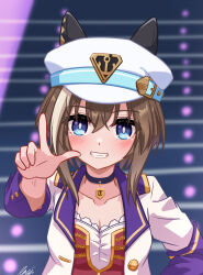 Rule 34 | 1girl, absurdres, alternate costume, blurry, blurry background, blush, breasts, cheval grand (umamusume), cleavage, collar, collarbone, commentary request, grin, hair between eyes, hair ornament, hat, highres, lexis yayoi, looking at viewer, medium breasts, medium hair, pointing, pointing at viewer, portrait, smile, solo, stage, starting future (umamusume), umamusume