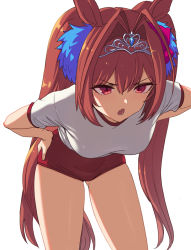 Rule 34 | 1girl, animal ears, bare legs, bent over, breasts, daiwa scarlet (umamusume), hair intakes, hair ornament, hands on own hips, horse ears, horse girl, horse tail, large breasts, long hair, open mouth, red eyes, red shorts, shirt, short shorts, short sleeves, shorts, simple background, solo, standing, sungwon, tail, tiara, twintails, umamusume, white background, white shirt
