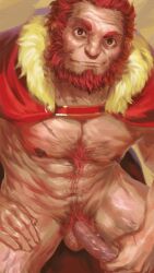 Rule 34 | 1boy, abs, bara, bare pectorals, beard, body fur, bonebeast, cape, cowboy shot, erection, facial hair, fate/zero, fate (series), from above, full beard, hairy, highres, iskandar (fate), looking at viewer, male focus, male pubic hair, mature male, muscular, muscular male, naked cape, navel, navel hair, nipples, old, old man, pectorals, penis grab, pubic hair, red cape, sanpaku, seductive smile, sitting, smile, solo, sparse chest hair, stomach, tareme, thick beard, uncensored, wrinkled skin