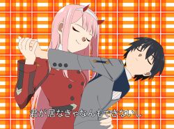 Rule 34 | 10s, 1boy, 1girl, 1moyaro, black hair, couple, dancing, darling in the franxx, closed eyes, fringe trim, hair ornament, hairband, holding hands, hand on another&#039;s waist, hetero, hiro (darling in the franxx), horns, long hair, long sleeves, military, military uniform, oni horns, pink hair, red horns, short hair, translation request, uniform, white hairband, zero two (darling in the franxx)