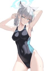 Rule 34 | 1girl, animal ear fluff, animal ears, armpits, arms up, bare shoulders, blue archive, blue eyes, blue one-piece swimsuit, blush, breasts, collarbone, covered navel, cross hair ornament, extra ears, grey hair, hair ornament, halo, highleg, highleg swimsuit, highres, koga taiga, looking at viewer, medium breasts, medium hair, multicolored clothes, multicolored swimsuit, official alternate costume, one-piece swimsuit, presenting armpit, shiroko (blue archive), shiroko (swimsuit) (blue archive), short ponytail, sidelocks, solo, swimsuit, thighs, wolf ears
