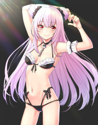 Rule 34 | 1girl, alternate breast size, armpits, bikini, black bikini, black choker, breasts, choker, closed mouth, contrapposto, double bun, hair bun, hair ornament, hair scrunchie, hands up, highres, hololive, long hair, mikan (chipstar182), navel, official alternate costume, pink hair, purple hair, red eyes, scrunchie, small breasts, smile, solo, stretching, swimsuit, uruha rushia, uruha rushia (3rd costume), very long hair, virtual youtuber