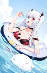 1girl absurdres aer_(tengqiu) afloat artist_name bare_shoulders bikini black_choker blunt_bangs breasts choker cleavage collarbone day essex_(warship_girls_r) food galo_(warship_girls_r) hair_ornament heart heart_choker highres holding holding_food holding_popsicle innertube large_breasts long_hair looking_at_viewer nail_polish open_mouth outdoors partially_submerged popsicle red_bikini red_eyes red_nails sky solo swim_ring swimsuit tongue tongue_out twintails two_side_up warship_girls_r water wet white_hair