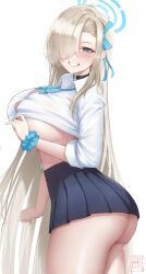 Rule 34 | 1girl, ass, asuna (blue archive), blonde hair, blue archive, blue eyes, breasts, halo, highres, kono (xerondan321), large breasts, long hair, looking at viewer, no bra, no panties, paid reward available, school uniform, scrunchie, skirt, smile, thighs, very long hair, wrist scrunchie