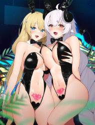 Rule 34 | 2girls, :d, :o, absurdres, animal ears, areola slip, arm around back, arms behind back, asymmetrical docking, bare shoulders, black bow, black bowtie, blue eyes, blush, bow, bowtie, braid, breast lift, breast press, breasts, covered navel, cowboy shot, demon girl, demon horns, demon tail, fake animal ears, fang, feather hair ornament, feathers, grabbing, grabbing another&#039;s breast, hair ornament, hairclip, highres, horns, indoors, large breasts, leotard, long hair, looking at viewer, meme attire, migu (iws2525), multiple girls, navel, neon lights, open mouth, original, playboy bunny, pubic tattoo, rabbit ears, red eyes, see-through, silver hair, smile, strapless, strapless leotard, tail, tattoo, thighs, traditional bowtie, translucent bunnysuit, twin braids, very long hair, wrist cuffs, yuri