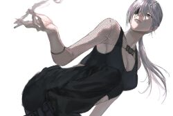 Rule 34 | 1girl, black pants, black tank top, breasts, chainsaw man, cigarette, crop top, eyepatch, fishnet sleeves, fishnets, holding, holding cigarette, large breasts, long hair, looking to the side, me04l, pants, ponytail, quanxi (chainsaw man), simple background, smoke, solo, tank top, white background, white hair