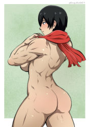 Rule 34 | 1girl, ass, backboob, black hair, breasts, cowboy shot, from behind, highres, large breasts, loquillo, mikasa ackerman, muscular, muscular female, nude, scarf, shingeki no kyojin, short hair, simple background, solo, standing