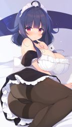 Rule 34 | 1girl, ahoge, alternate costume, black dress, black pantyhose, blush, breasts, dress, enmaided, feet out of frame, frilled dress, frills, hair flaps, highres, kagerou (shadowmage), kantai collection, large breasts, long hair, looking at viewer, low twintails, maid, maid headdress, panties, panties under pantyhose, pantyhose, purple hair, red eyes, short sleeves, solo, taigei (kancolle), twintails, underwear, white panties, wrist cuffs