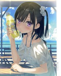 Rule 34 | 1girl, absurdres, bikini, bikini under clothes, black hair, blush, bottle, bottle to cheek, breasts, cloud, cloudy sky, day, from side, hair ornament, hair scrunchie, hand up, highres, holding, holding bottle, kantoku, looking at viewer, ocean, off-shoulder shirt, off shoulder, one side up, original, outdoors, parted lips, scan, scrunchie, see-through, shirt, shizuku (kantoku), sitting, sky, small breasts, solo, striped bikini, striped clothes, sweat, swimsuit, teeth, water, water bottle, wet, wet clothes, wet shirt