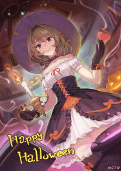 Rule 34 | 10s, 1girl, bare shoulders, black gloves, blue eyes, brown hair, candle, candlestand, choker, commentary request, corset, dress, fringe trim, from below, gloves, green eyes, halloween, happy halloween, hat, heterochromia, idolmaster, idolmaster cinderella girls, looking at viewer, looking down, meto31, mole, mole under eye, short hair, smile, solo, takagaki kaede, witch hat