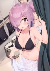 Rule 34 | 1boy, 1girl, absurdres, armpits, ayul (ayulneri 92), bare shoulders, bikini, black bikini, blurry, bottomless, breasts, butt crack, cleavage, collarbone, depth of field, duplicate, fate/grand order, fate (series), front-tie bikini top, front-tie top, fujimaru ritsuka (male), groin, hair over one eye, halterneck, hand up, highres, large breasts, light purple hair, looking at viewer, mash kyrielight, navel, no panties, parted lips, purple eyes, see-through, short hair, solo focus, standing, stomach, string bikini, swimsuit, towel around waist