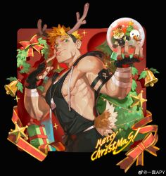 Rule 34 | 1boy, absurdres, antlers, apymian, bara, blonde hair, character print, christmas, cowboy shot, facial hair, finger in own mouth, gift, goatee stubble, gyee, highres, holding, horns, inset border, large pectorals, male focus, merchandise, merry christmas, muscular, muscular male, nipples, original, pectorals, reindeer antlers, romg, scar, scar across eye, self character print, shirt, short hair, sidepec, sleeveless, sleeveless shirt, snowman, solo, stubble, thick eyebrows, tongue, tongue out, undercut, zipper