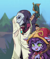 Rule 34 | 1boy, 1girl, arm up, colored skin, day, from side, green eyes, gun, hand up, holding, holding gun, holding staff, holding weapon, jhin, league of legends, long hair, lulu (league of legends), mask, outdoors, phantom ix row, purple hair, purple skin, red headwear, staff, striped sleeves, tree, weapon, yordle