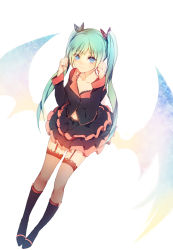 Rule 34 | 1girl, blue eyes, boots, full body, garter straps, green hair, hatsune miku, honey whip (module), knee boots, long hair, looking at viewer, lpip, project diva (series), project diva f, solo, sweet devil (vocaloid), tagme, thighhighs, twintails, vocaloid, white background, zettai ryouiki