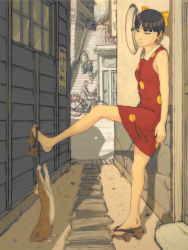 Rule 34 | 1girl, alley, artist request, bare shoulders, black hair, bow, cat, dress, feet, flat chest, gegege no kitarou, geta, hair bow, nekomusume, realistic, sandals, shoe dangle, short hair, solo, stairs, teasing, toei animation